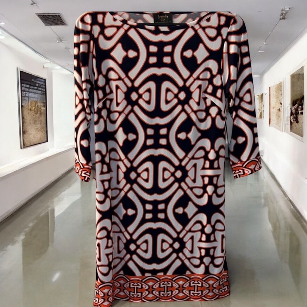 LAUNDRY By Design Blue Orange Geometric Shift Dress Sz 4P 3/4 Sleeve New